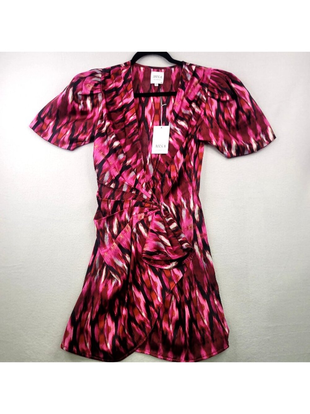 Misa Los Angeles Amina Mini Wrap Dress XS Pink Red Barbiecore Colorful Romantic